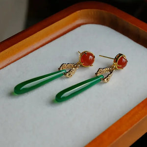 Antique green agate water drop earrings New Chinese style high-end cheongsam Hanfu earring - Yandan_Hanfu