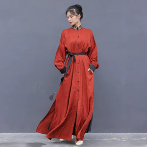 New Chinese style | Everyday stand-up collar dress shirt long skirt - Yandan_Hanfu