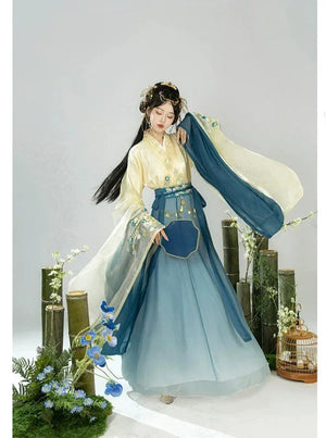 Wei Jin | Hanfu Women's Blue & Red Princess Dress Waist-length Broken Skirt Embroidery Suit - Yandan_Hanfu