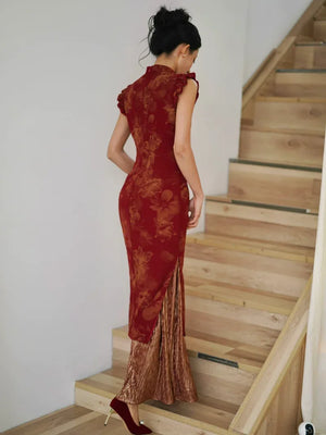 Lotus Step – Red Mermaid Qipao for Wedding, Engagement & Tea Ceremony - Yandan_Hanfu