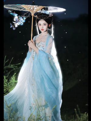 Tang Dynasty | Princess Ensemble: Embroidered Chest-length Wrap Skirt & Flowing Blue Big-sleeved Dress - Yandan_Hanfu