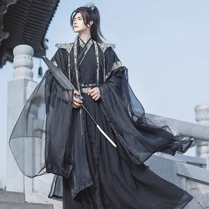 Cloud Collar Elegance – Unisex White Embroidered Modern Hanfu | Flowing Wide-Sleeve Wei-Jin Style Outfit - Yandan_Hanfu