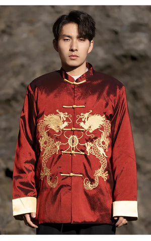 Chinese style dragon pattern embroidery retro Tang suit men's buckle winter cotton-padded jacket - Yandan_Hanfu