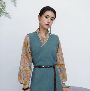 Qimeng – Tibetan-Inspired Women's Two-Piece Set | Cross-Collar Vintage Top & Long Skirt - Yandan_Hanfu
