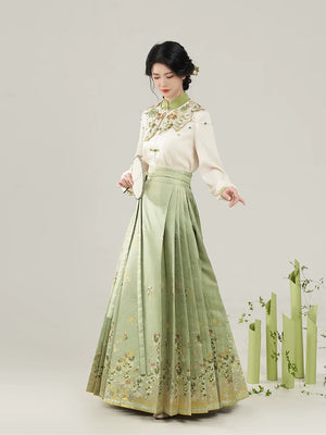 Sunshine Rose – Ming-Style Modern Hanfu Set | Embroidered Cloud-Shoulder Blouse & Floral Ma Mian Skirt - Yandan_Hanfu