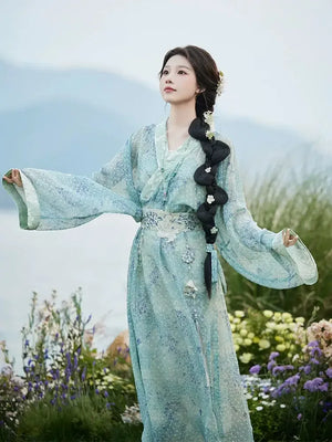 Whisper of Spring – Embroidered Blue Hanfu Dress with Waist Sash | Elegant Straight-Cut Robe in New Chinese Style - Yandan_Hanfu