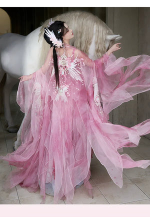 Pink Hanfu women's large-sleeved shirt chest-length embroidery spring and summer - Yandan_Hanfu