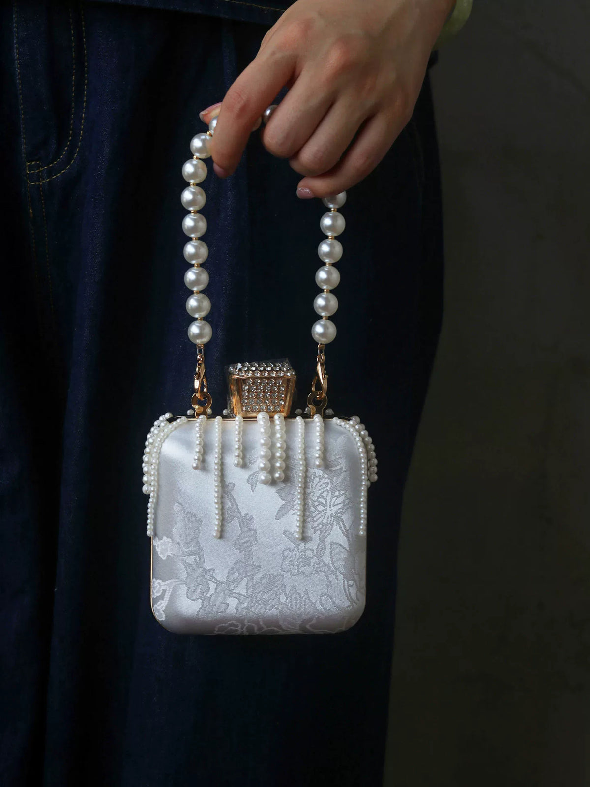 White mini satin handbag with faux-pearl handle
