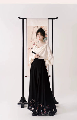Whispers of Bloom – Floral Crane Set with Horse-Face Pants | Han-Inspired Spring-Autumn Wear - Yandan_Hanfu
