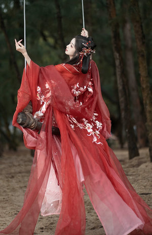 Tang Dynasty Hanfu | Red chest-length wrap skirt with super fairy embroidery and large-sleeved top suit - Yandan_Hanfu