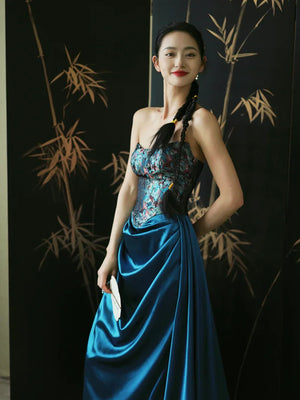 "Sparrow" Jacquard tube bride trailing wedding wedding dress toasting dress engagement - Yandan_Hanfu