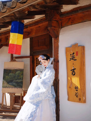 White&Blue Hanbok Palace Style Dress – Luxury Korean Bridal & Photography Outfit for Autumn/Winter - Yandan_Hanfu