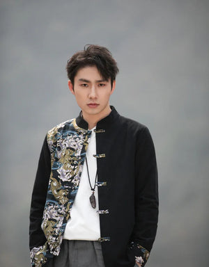 New Chinese style disc button top contrasting coat printing Tang suit men - Yandan_Hanfu