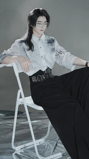 Clivia ink shirt Chinese fashion new Chinese element pants summer suit - Yandan_Hanfu