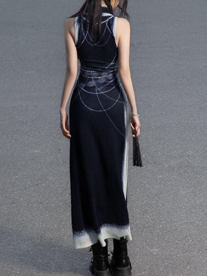 Black&white pearl knitted printed cheongsam new Chinese Y2K Spice Girl sleeveless cheongsam dress - Yandan_Hanfu