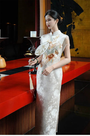Golden Tang Ode – Luxury Modern Cheongsam | Artisanal Brocade & Couture Detailing - Yandan_Hanfu