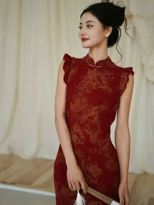 Lotus Step – Red Mermaid Qipao for Wedding, Engagement & Tea Ceremony - Yandan_Hanfu
