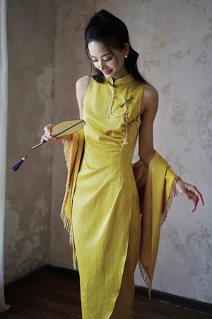 "Autumn Rhyme" Yellow Dark Pattern Cheongsam Shawl Bridal Wedding Dress Toast Dress - Yandan_Hanfu