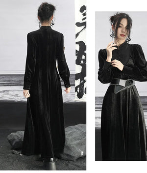 New Chinese Style | Black Lace Dress Women's Stand-up Collar Waist Slimming Long Skirt - Yandan_Hanfu