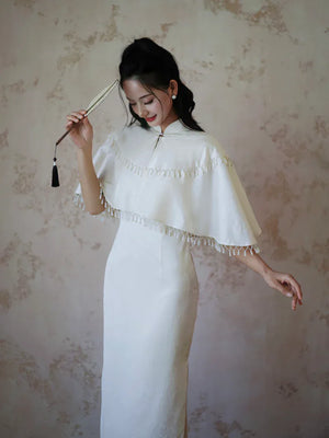 "Xi Zhu" White Dark Pattern Tassel Shawl Cheongsam Bride Wedding Dress Engagement - Yandan_Hanfu