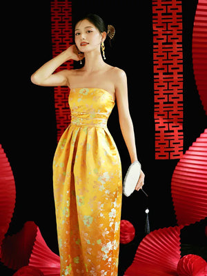 "Yunjing" yellow jacquard pregnant woman cheongsam bride toast dress - Yandan_Hanfu