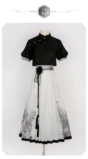 Mannequin display of Chinese black top and floral print skirt set, highlighting modern Hanfu design for spring and summer.