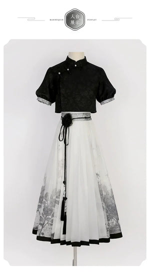 New Chinese style black top shirt print skirt set spring and summer - Yandan_Hanfu