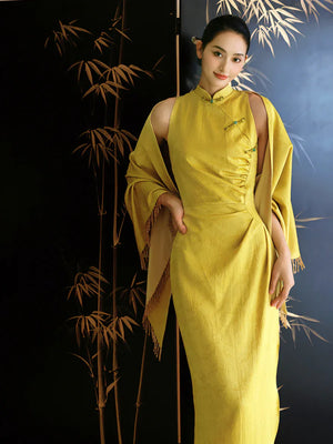 "Autumn Rhyme" Yellow Dark Pattern Cheongsam Shawl Bridal Wedding Dress Toast Dress - Yandan_Hanfu