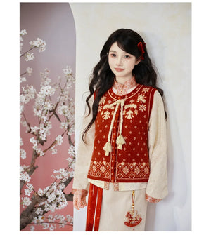 Sui’an – Winter Knit Set | Hanfu-Inspired Bijia Vest with Bow-Sleeve Top and Flowy Skirt - Yandan_Hanfu