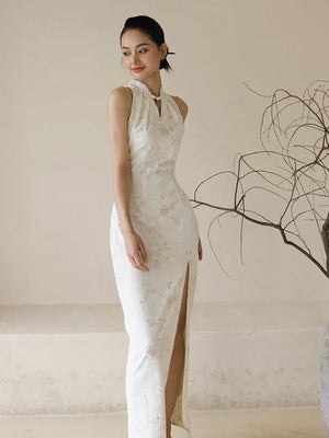 "Qianzhi" white embroidered shawl showing thin backless cheongsam bride wedding dress toast engagement - Yandan_Hanfu