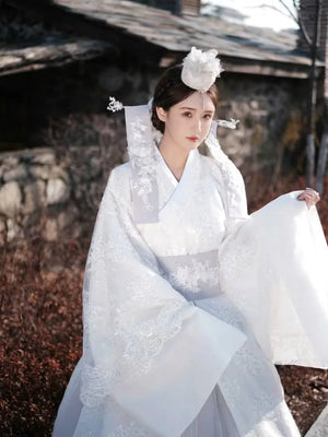 White Yanji Hanbok court dress daily traditional Korean national costume - Yandan_Hanfu