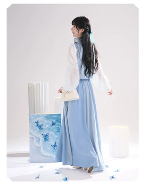 Sea Salt Sky Blue – Elegant Tang-Inspired Modern Hanfu with Long-Sleeve Top & Flowing Skirt - Yandan_Hanfu