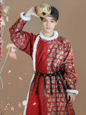 “First Dawn” – Warming Fur-Lined Tang Dynasty Robe | Gold Brocade New Year Edition (Unisex) - Yandan_Hanfu