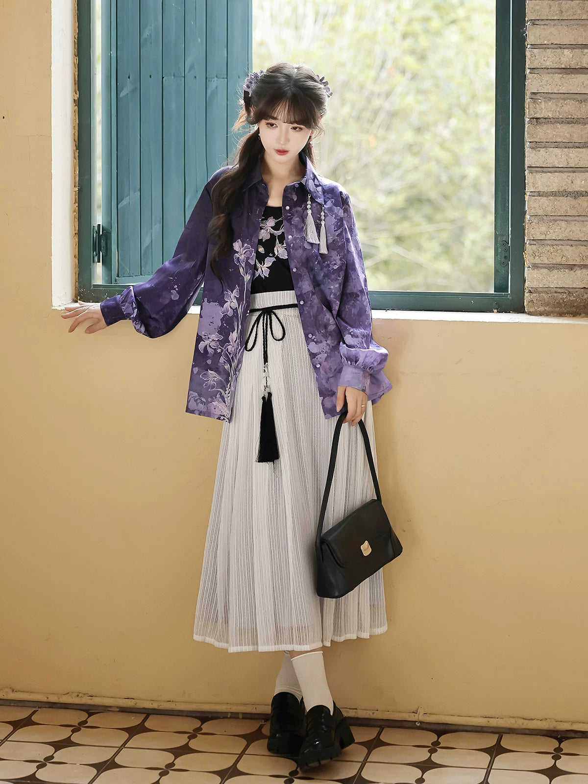 Iris Mist modern hanfu set with purple shirt black camisole and ivory skirt