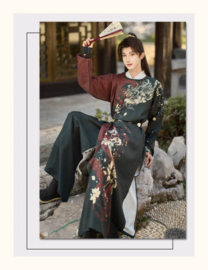 Golden Fish Over the Desert – Tang-Inspired Round Collar Hanfu Coat with Plush Fur Trim (Unisex Winter Set) - Yandan_Hanfu