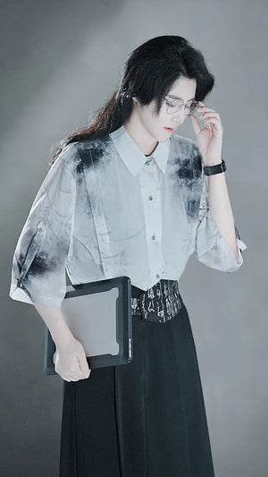 Clivia ink shirt Chinese fashion new Chinese element pants summer suit - Yandan_Hanfu