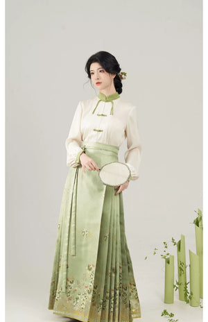 Sunshine Rose – Ming-Style Modern Hanfu Set | Embroidered Cloud-Shoulder Blouse & Floral Ma Mian Skirt - Yandan_Hanfu