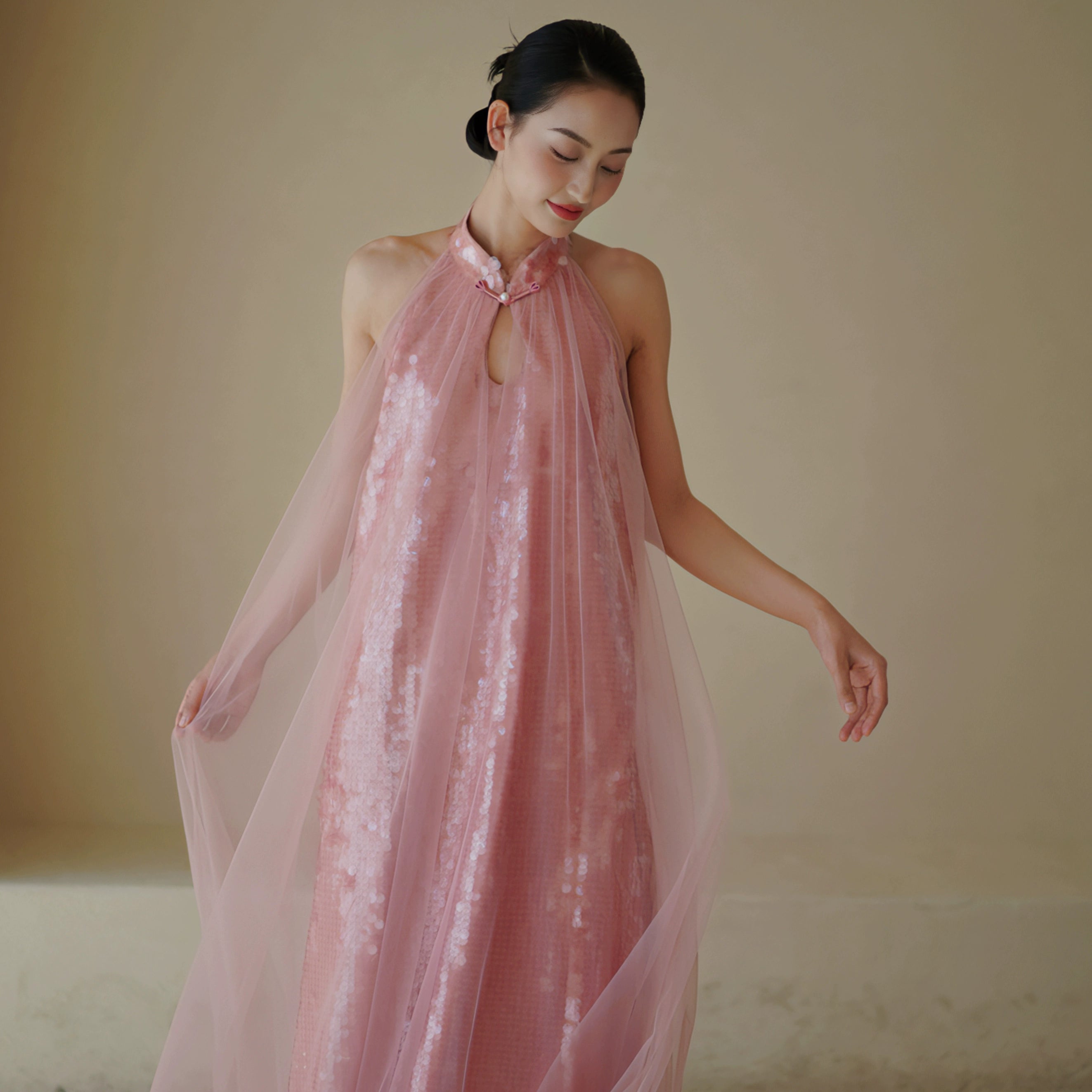 "Bella" pink sequined gauze halter dress bride