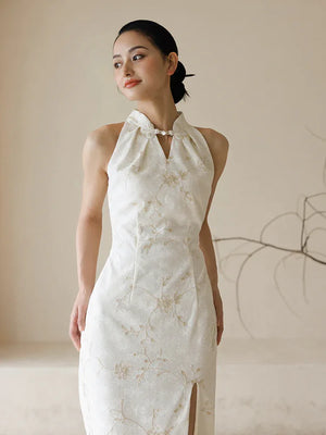 "Qianzhi" white embroidered shawl showing thin backless cheongsam bride wedding dress toast engagement - Yandan_Hanfu