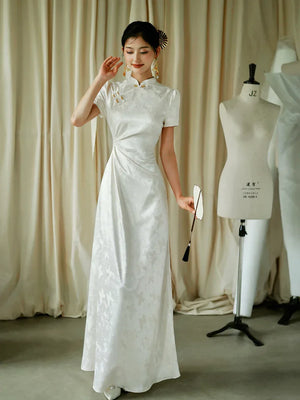 "Kite Butterfly" White Jacquard Cheongsam Bridal Toast Dress Engagement Dress - Yandan_Hanfu