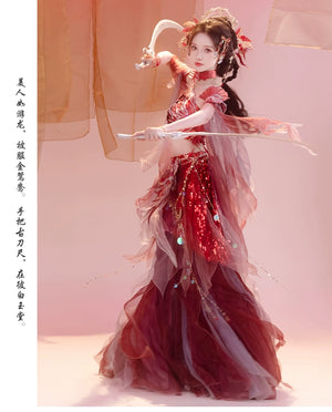 Red Hanfu female Dunhuang embroidery fairy spring and summer dress styled with sword prop, showcasing fantasy cosplay appeal.