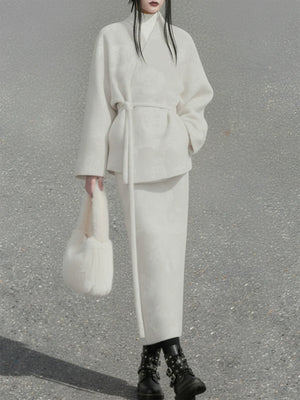 Hydrangea Ivory – Wool Cross-Collar Jacket & Straight Skirt Set | Soft Elegant New Chinese Style Outfit - Yandan_Hanfu