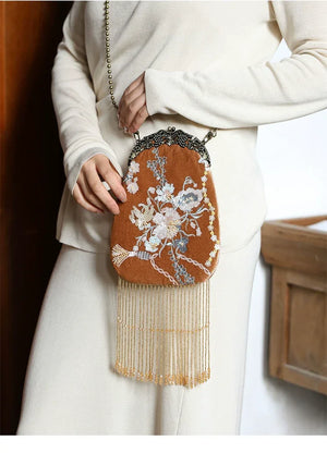 Brown Velvet Evening Clutch | Hand-Embroidered with Elegant Fringe Qipao Bag - Yandan_Hanfu