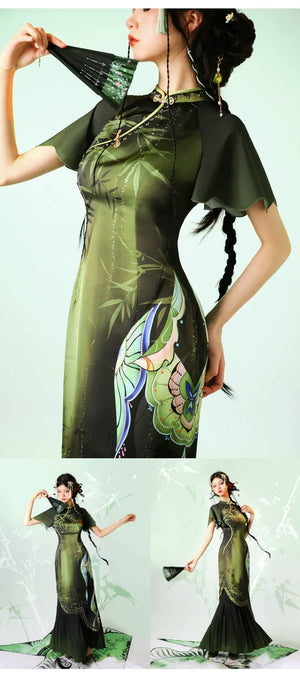 Verdant Sky Qipao – Black-Green Ombre Satin Cheongsam with Artistic Floral Print - Yandan_Hanfu