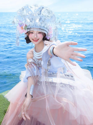 Playful pose in Pink Miao Clothing Women's Summer Cake Green Dress with detailed silver accessories and layered pink skirt.