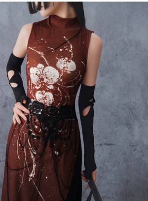 Scarlet Orchid – High-Slit Qipao Dress | Red Mandarin Collar New Chinese Style Slim Fit Gown - Yandan_Hanfu