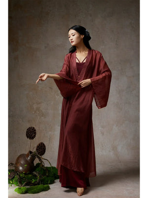 Elegant Wine Red Sheer Tencel Cardigan – Flowing Classical Dance Performance Outfit - Yandan_Hanfu
