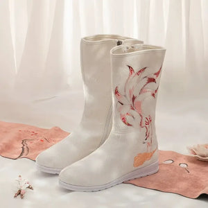 Hanfu Embroidered Boots – Women's White Fox Traditional Chinese Style Winter Boots - Yandan_Hanfu