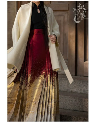 Lunar Spring River – Red Hanfu Maxi Skirt Set, New Chinese Style 6-Meter Hem Mamian Skirt with Knit Top & Wool Coat - Yandan_Hanfu