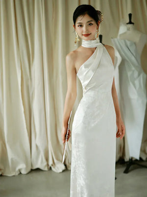 "Pianrou" White Jacquard Ribbon Morning Gown Knot Bridal Toast Dress Engagement Banquet Bar Mitzvah - Yandan_Hanfu